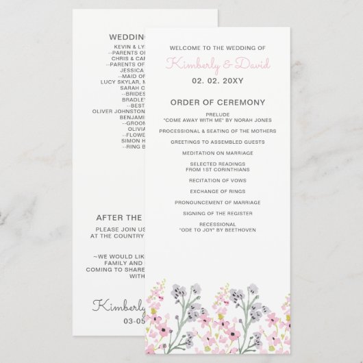 Eenvoudig Elegant Blush Floral Wedding Programmakaart (Voorkant / Achterkant)