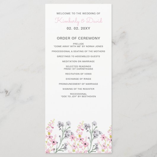 Eenvoudig Elegant Blush Floral Wedding Programmakaart (Voorkant)
