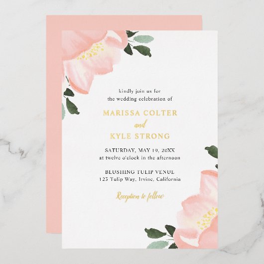 Eenvoudig Elegant Blush Pink Floral Weddenschap Go Folie Uitnodiging (Voorkant / Achterkant)
