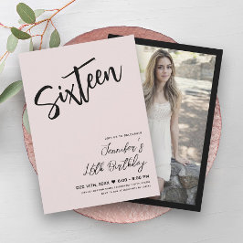Eenvoudig Elegant Blush Roze Zwart Sweet 16 Script Kaart