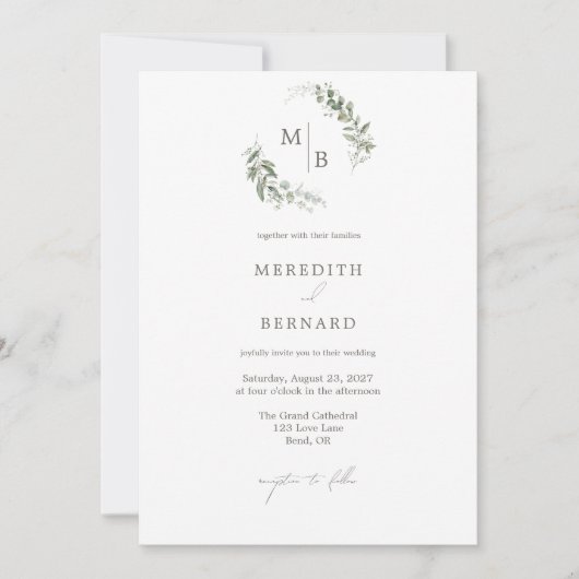 Eenvoudig Elegant Botanisch Huwelijk Monogram Deta Kaart (Voorkant)