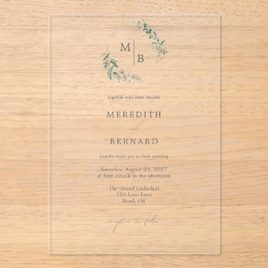 Eenvoudig Elegant Botanisch Monogram Huwelijk Acryl Uitnodigingen (Voorkant)