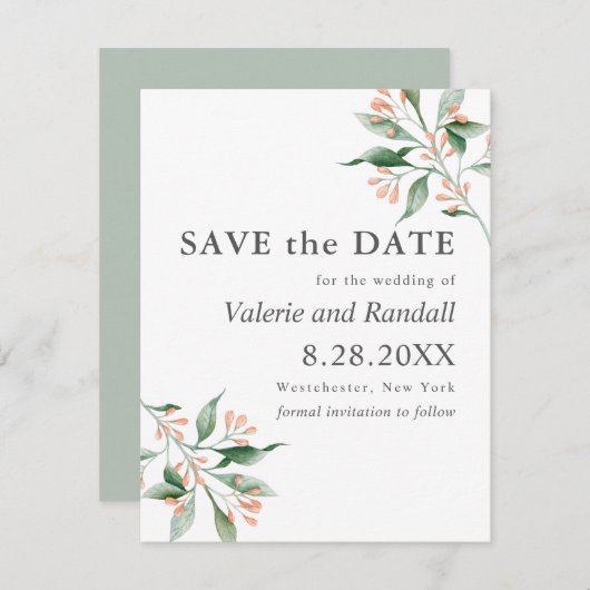 Eenvoudig elegant Botnanical Weddenschap Save the Save The Date (Voorkant / Achterkant)