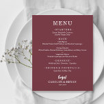 Eenvoudig Elegant Burgundy Weddenschap<br><div class="desc">Een menukaart uit het diner op de Bourgogne is voorzien van uw menu in witte hoofdletters. Ideaal voor een moderne huwelijksreceptie, huwelijksrepetities, verjaardagsfeestjes of speciale evenementen met een diner op tafel. Kies OM HET EVEN WELKE KLEUR ACHTERGROND, om het even welke KLEUR TEKST, om het even welke VONT! Eenvoudig aan...</div>