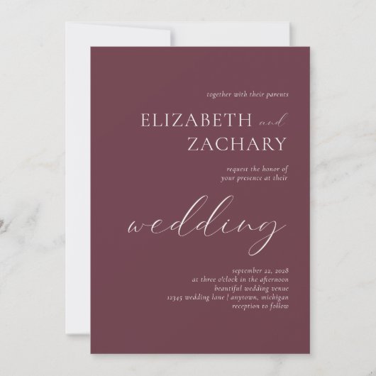 Eenvoudig Elegant Burgundy White Script Weduwschap Kaart (Voorkant)
