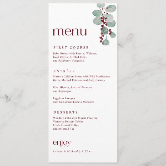 Eenvoudig Elegant Burgundy Winter Kersthuwelijk Menu (Voorkant)