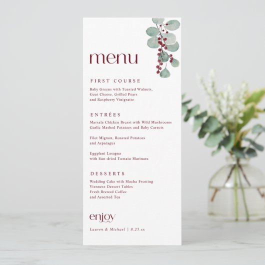Eenvoudig Elegant Burgundy Winter Kersthuwelijk Menu (Staand voorkant)