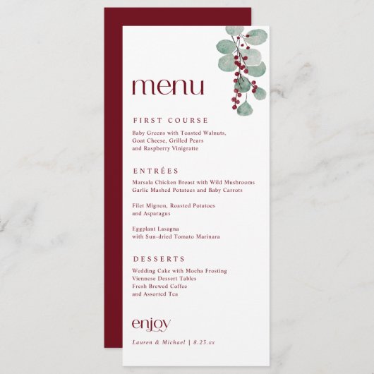 Eenvoudig Elegant Burgundy Winter Kersthuwelijk Menu (Voorkant / Achterkant)