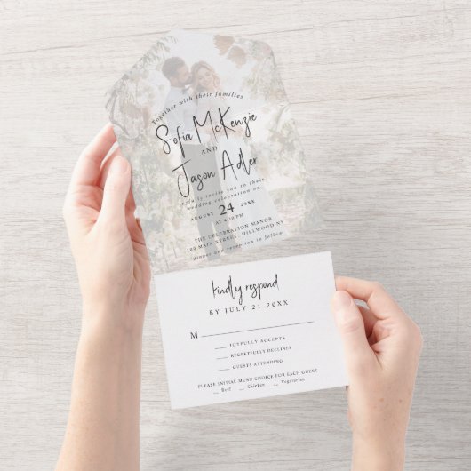 Eenvoudig Elegant Calligraphy Minimal Photo Weddin All In One Uitnodiging (Afscheurbaar)