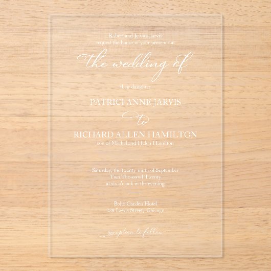 Eenvoudig elegant calligraphy Wedding Acryl Uitnodigingen (Voorkant)