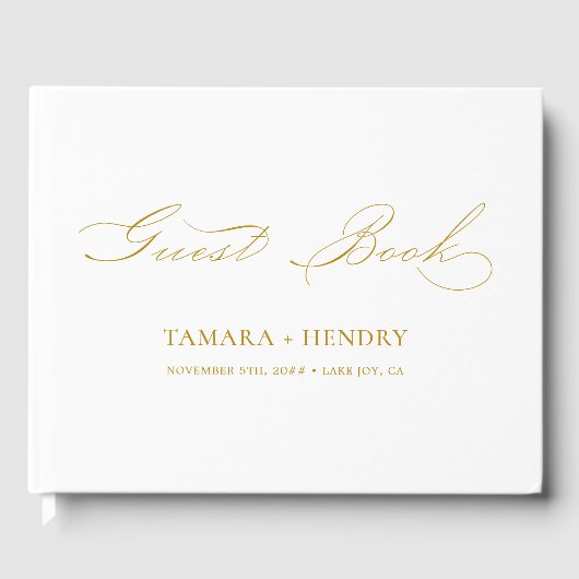 Eenvoudig Elegant Calligraphy White en Gold Weddin Gastenboek (Voorkant)