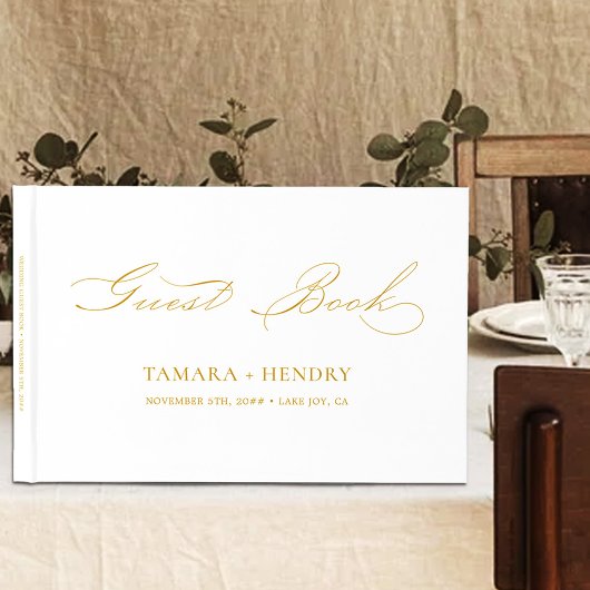 Eenvoudig Elegant Calligraphy White en Gold Weddin Gastenboek