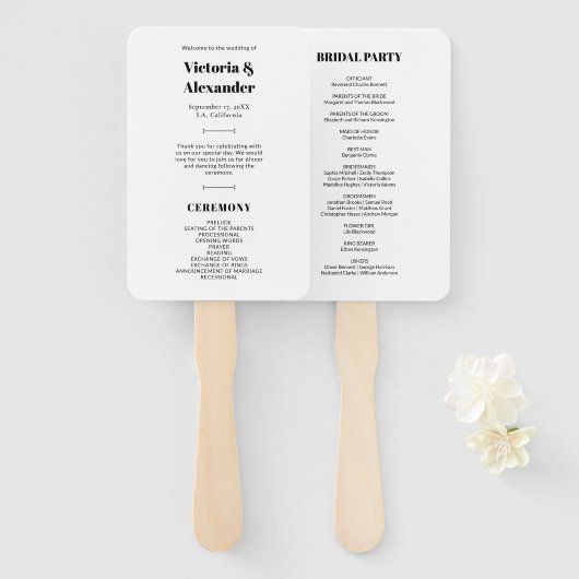 Eenvoudig Elegant Chic Zwart & Wit Trouwprogramma Handwaaier (Voorkant en achterkant)