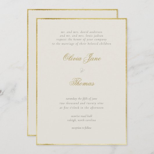 Eenvoudig Elegant Classy Gold Lijst Ecru Wedding Kaart (Voorkant / Achterkant)