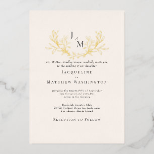 Eenvoudig Elegant Crème Blad Bruiloft Goud Folie Uitnodiging