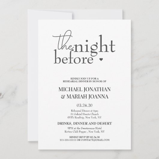 Eenvoudig elegant de avond voor repetitie diner kaart (Voorkant)