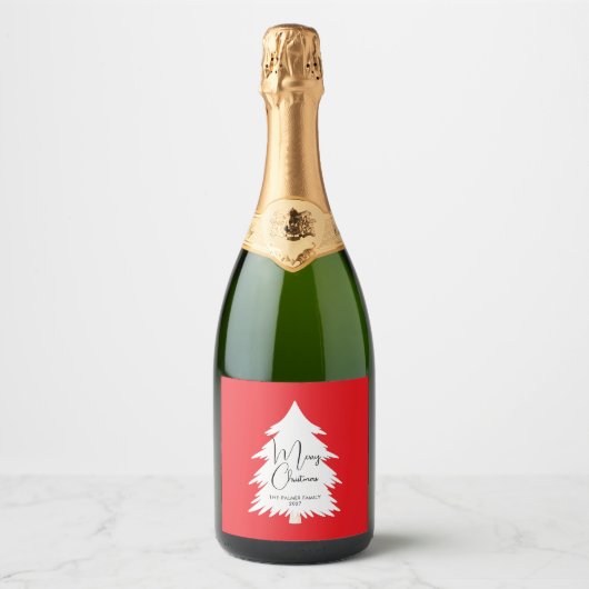 Eenvoudig Elegant Dennenschrift Kerstmis Sparkling Wijnetiket (Voorkant)