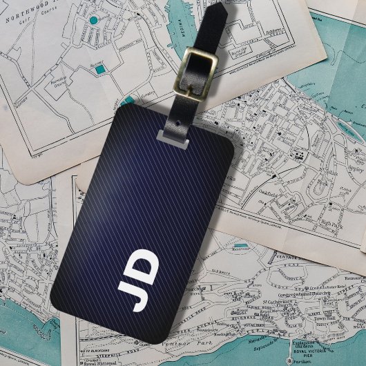 Eenvoudig Elegant Donker Blauw Linnen Wit Monogram Bagagelabel