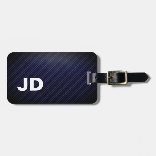 Eenvoudig Elegant Donker Blauw Linnen Wit Monogram Bagagelabel (Voorkant horizontaal)