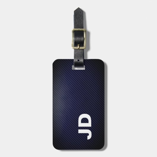 Eenvoudig Elegant Donker Blauw Linnen Wit Monogram Bagagelabel (Voorkant verticaal)