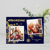 Eenvoudig Elegant Donkerblauw 2 Fotolijsten Famili Folie Feestdagenkaart (Staand Voorkant)