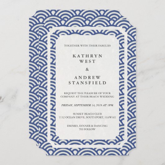 Eenvoudig elegant donkerblauw + wit strand huwelij kaart (Voorkant / Achterkant)