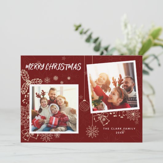 Eenvoudig Elegant Donkerrood 2 Fotolijsten Familie Feestdagenkaart (Staand voorkant)