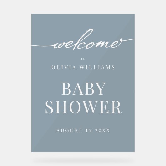 Eenvoudig Elegant Dusty Blue Baby shower Welkom Acryl Bord (Voorkant)