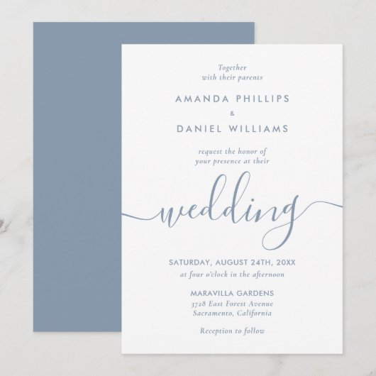 Eenvoudig Elegant Dusty Blue Modern Script Weddens Kaart (Voorkant / Achterkant)