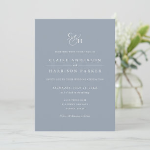 Eenvoudig Elegant Dusty Blue Monogram Weddenschap Kaart