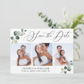 Eenvoudig Elegant Eucalyptus 3 Fotohuwelijk Save The Date (Staand voorkant)