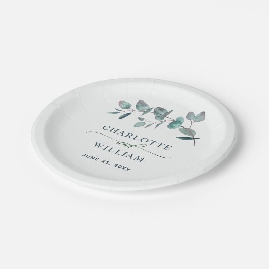 Eenvoudig Elegant Eucalyptus Bloemen Bruiloft Papieren Bordje (Gekanteld)