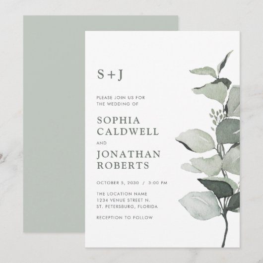 Eenvoudig Elegant Eucalyptus Botanical Sage Wedden Kaart (Voorkant / Achterkant)