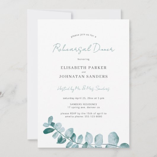 Eenvoudig elegant eucalyptus bruiloft, diner kaart (Voorkant)