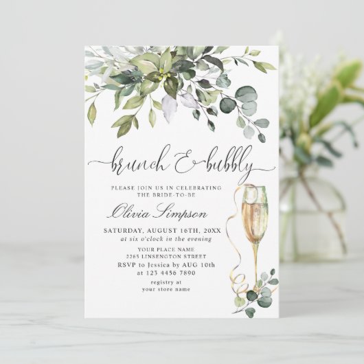 Eenvoudig Elegant Eucalyptus Brunch & Bubble Kaart (Staand voorkant)