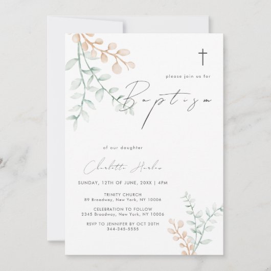 Eenvoudig Elegant Eucalyptus Cross Baptisme Kaart (Voorkant)