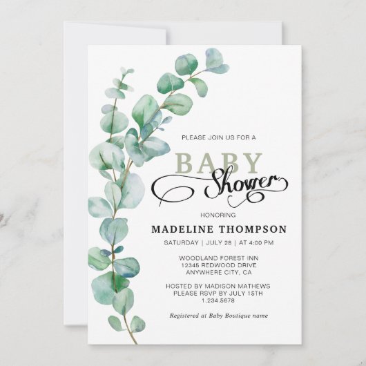 Eenvoudig Elegant Eucalyptus Greenery Baby shower Kaart (Voorkant)