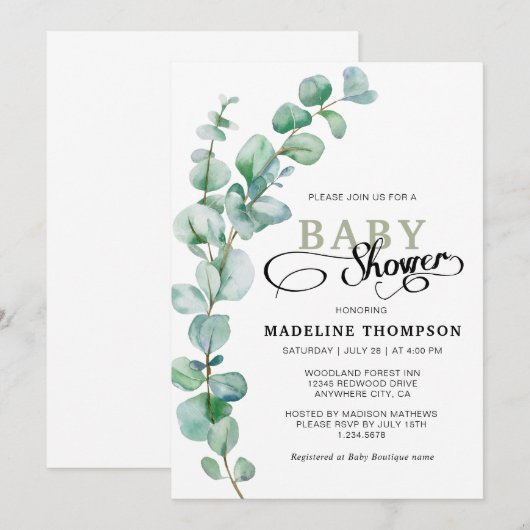 Eenvoudig Elegant Eucalyptus Greenery Baby shower Kaart (Voorkant / Achterkant)