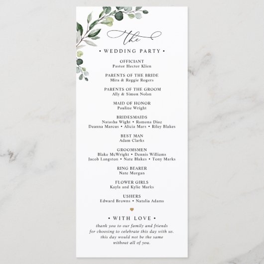 Eenvoudig Elegant Eucalyptus Greenery Wedding Prog Menu (Achterkant)