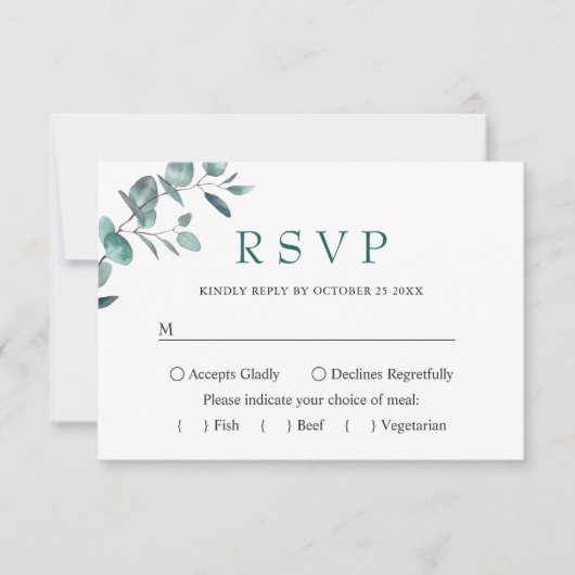 Eenvoudig elegant Eucalyptus Weddenschap RSVP Kaartje (Voorkant)