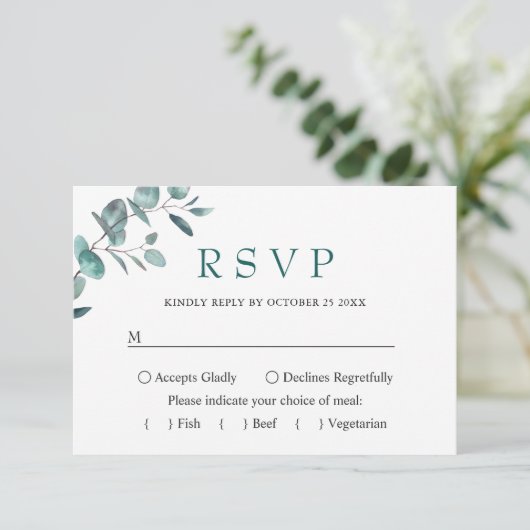 Eenvoudig elegant Eucalyptus Weddenschap RSVP Kaartje (Staand voorkant)
