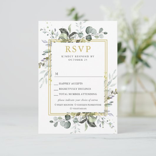Eenvoudig elegant Eucalyptus Weddenschap RSVP Kaartje (Staand voorkant)