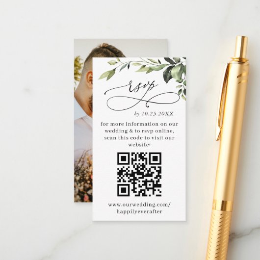 Eenvoudig Elegant Eucalyptus Wedding QR RSVP FOTO Informatiekaartje (Voorkant / Achterkant in situ)