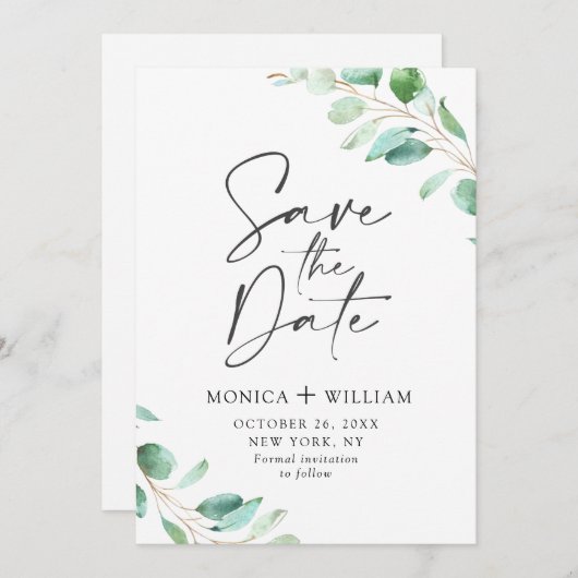 Eenvoudig Elegant Eucalyptus Wedding sparen de Dat Save The Date (Voorkant / Achterkant)