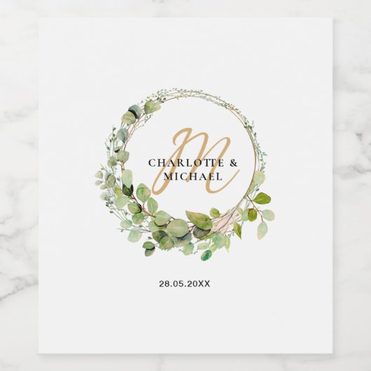 Eenvoudig, elegant, eucalyptusbruiloft wijn etiket (Enkel label)