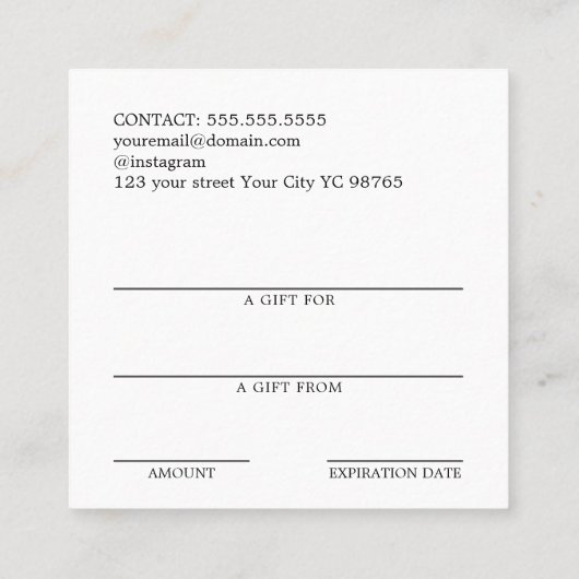 Eenvoudig Elegant Faux Zilver Cadeaubon Vierkante Visitekaartje (Achterkant)