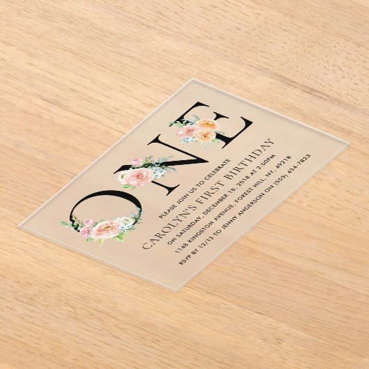 Eenvoudig Elegant Floral 1 1e verjaardag Partij Acryl Uitnodigingen (Laagn)