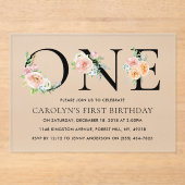 Eenvoudig Elegant Floral 1 1e verjaardag Partij Acryl Uitnodigingen (Voorkant)
