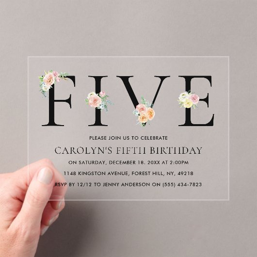 Eenvoudig Elegant Floral 5e verjaardag Acryl Uitnodigingen (Insitu (Draagbaar))