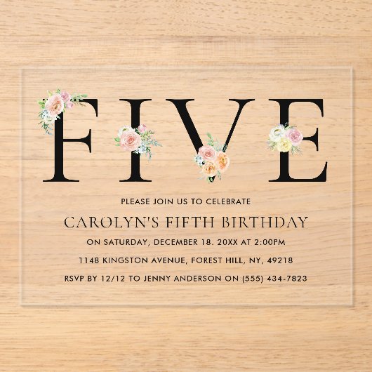 Eenvoudig Elegant Floral 5e verjaardag Acryl Uitnodigingen (Voorkant)